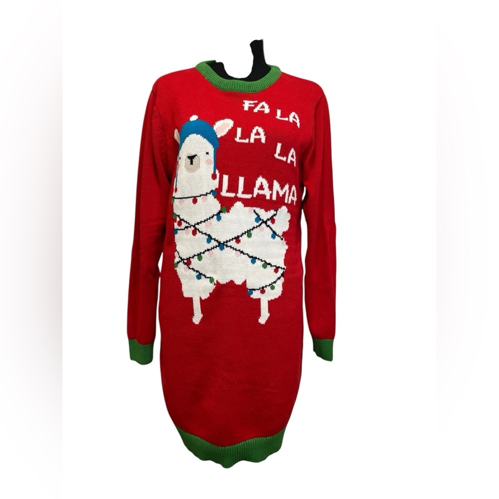 Christmas Sweater Dress Ugly Tunic Fa La La Llama Red Green Holiday Lights Large
